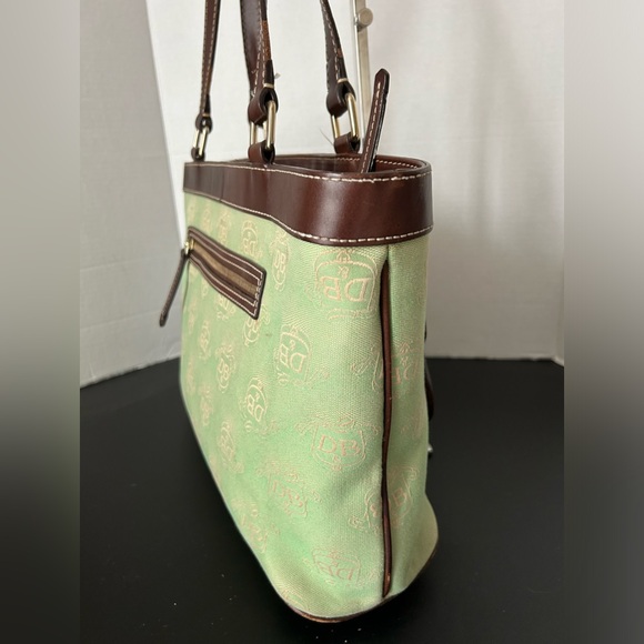 Vintage Dooney & Bourke Shoulder Tote Bag Green Canvas Vachetta Leather … - Picture 6 of 13